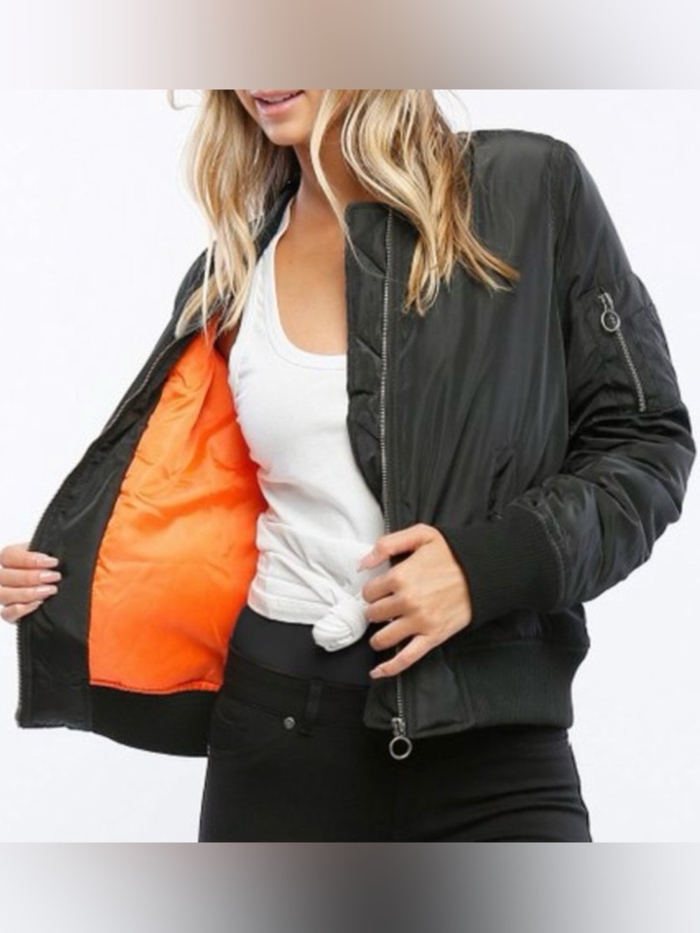 Timing Black Bomber Jacket Orange Lining Utility Zip Size S